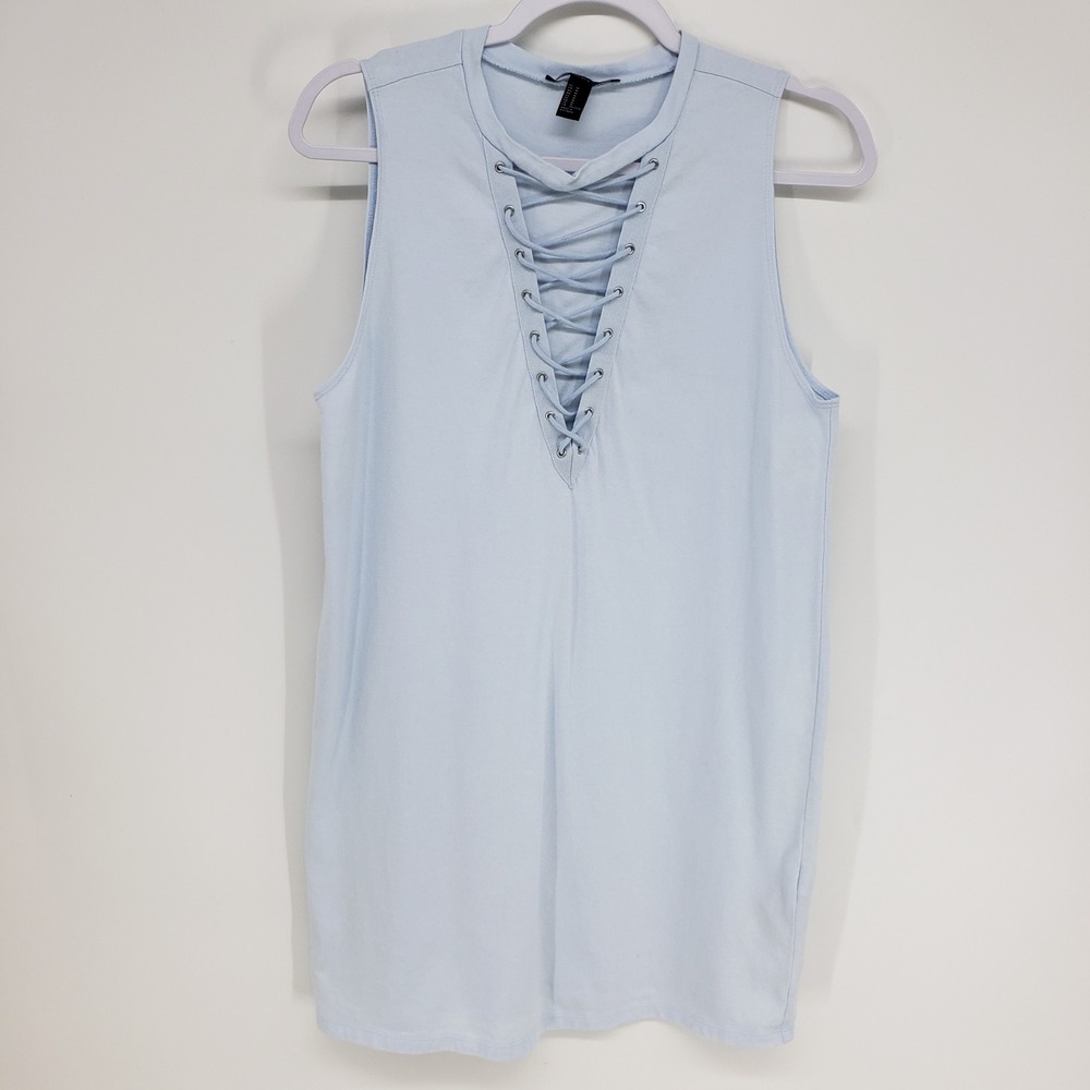 Forever 21 Lace Up Tank Mini Dress Womens Sz M Light Blue Sleeveless Choker Neck